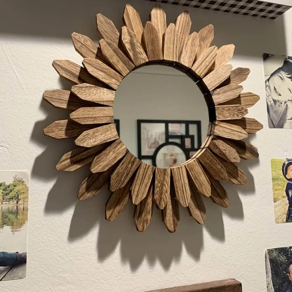 12 inch Rustic Wood Boho Aesthetic Mirror